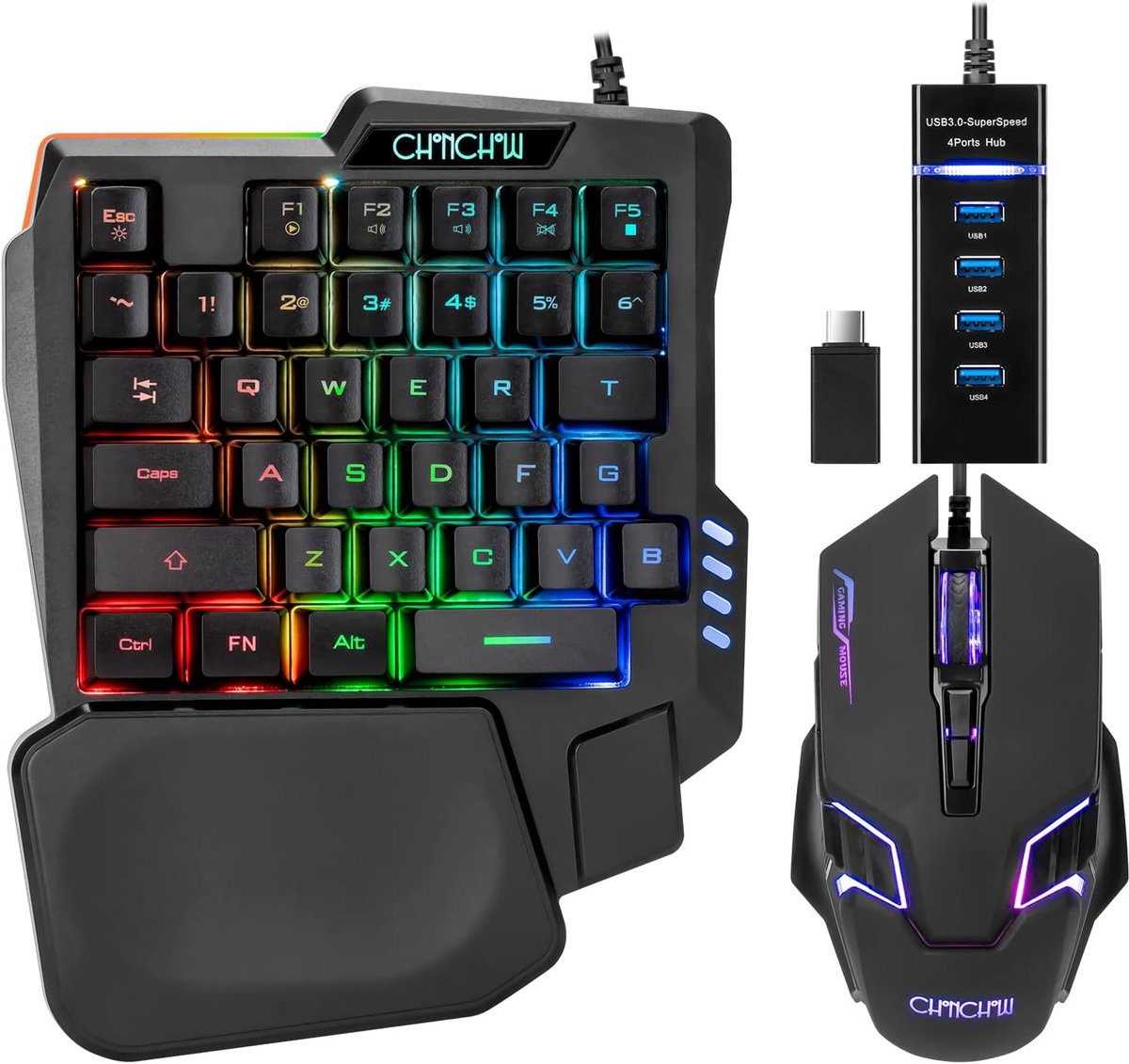 Ergonomisch Eenhandig Gaming Toetsenbord met Muis en USB Hub
