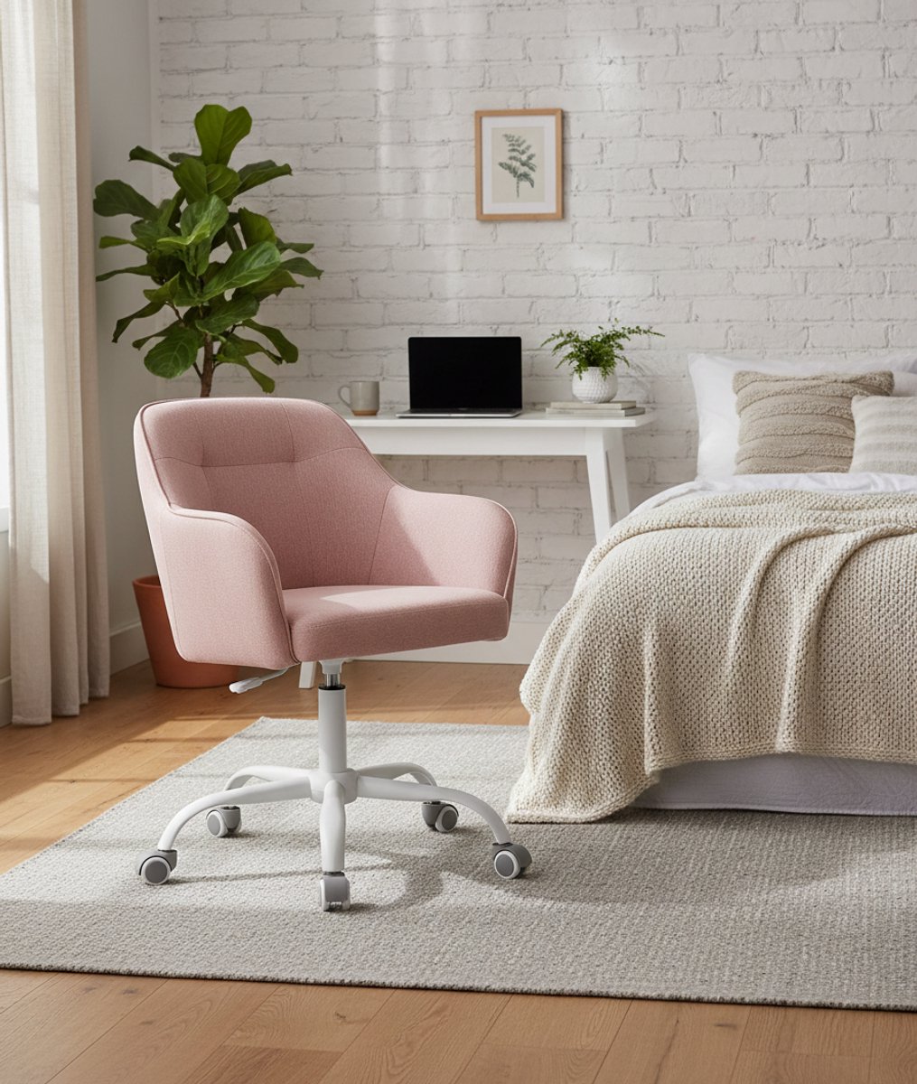 Bureaustoel Ergonomisch Draaibaar – Comfortabele Home Office Stoel met Armleuningen – Ademend Katoenmix – Hoogte Verstelbaar – Belastbaar tot 110 kg – Modern Design – Roze – House&Garden