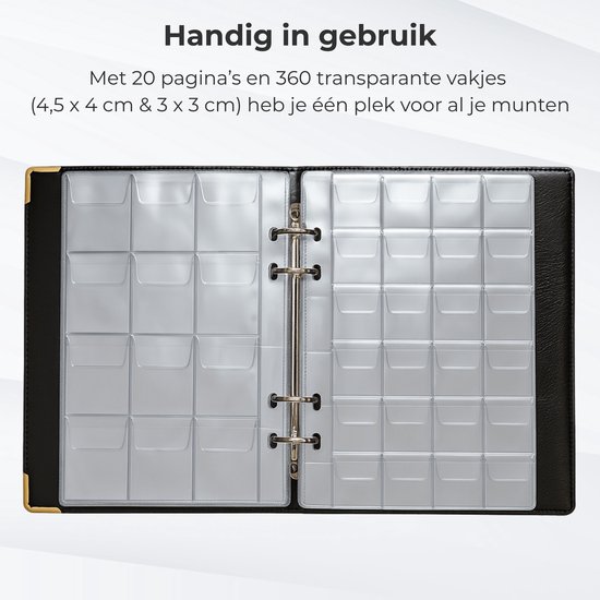 Open muntenalbum met 20 pagina's en 360 transparante vakjes.