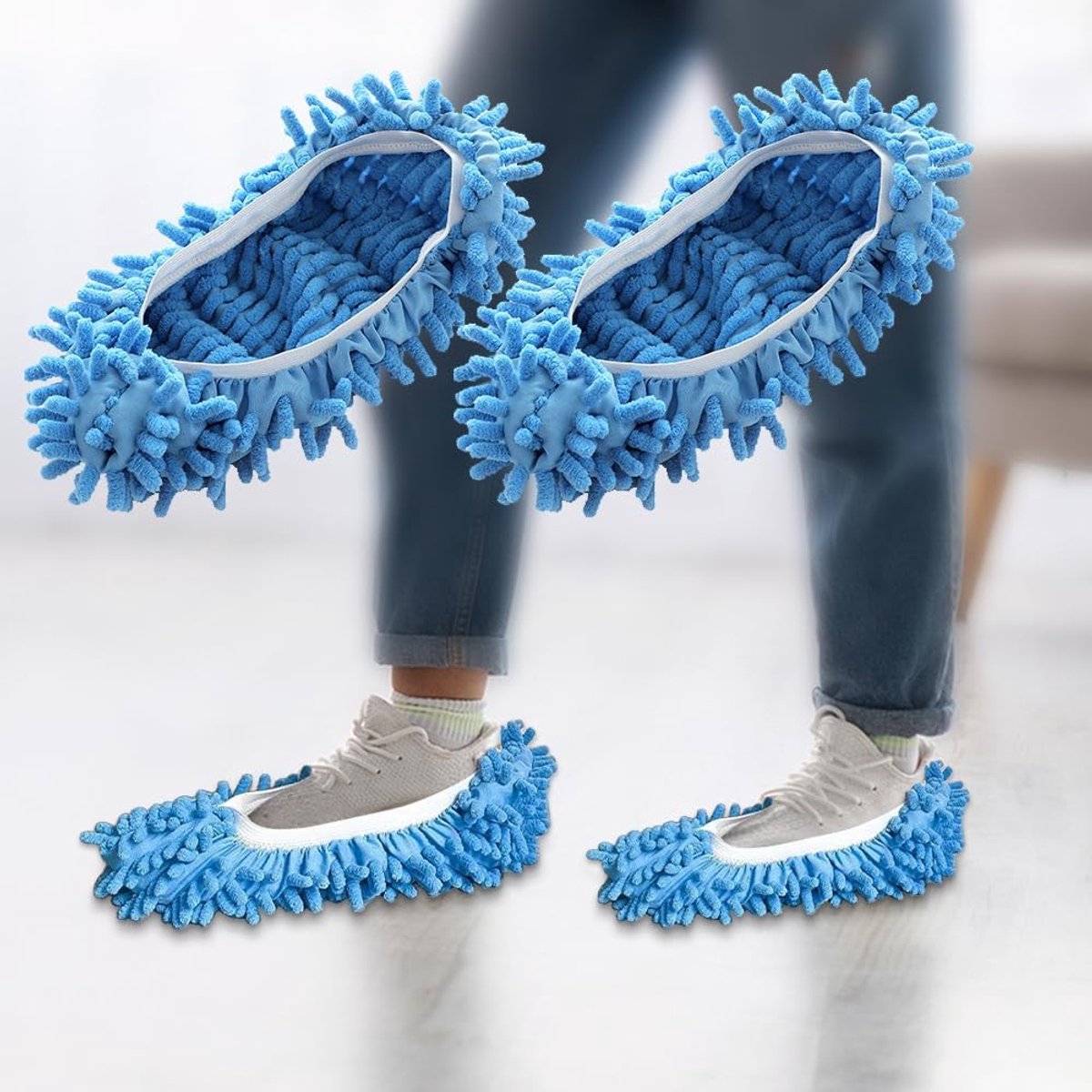 Schoenovertrekken - 2 paar blauwe dweilslippers - Microvezel schoonmaakmatten voor dweilen - Zacht en wasbaar - Huishoudslippers voor het schoonmaken van vloeren