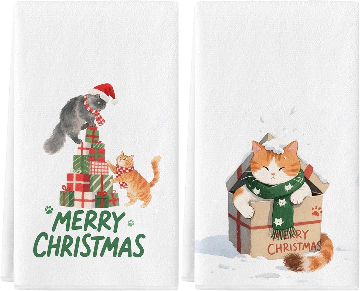 Set van 2 Keukendoeken Theedoeken Katten - Kerst & Winter - Absorberend & Decoratief (40x60 cm)