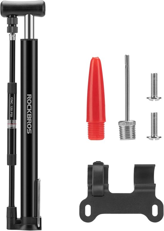 Zwarte Rockbros fietspompset met montagebeugel, schroeven, ventielnaald en een rode ventieladapter.