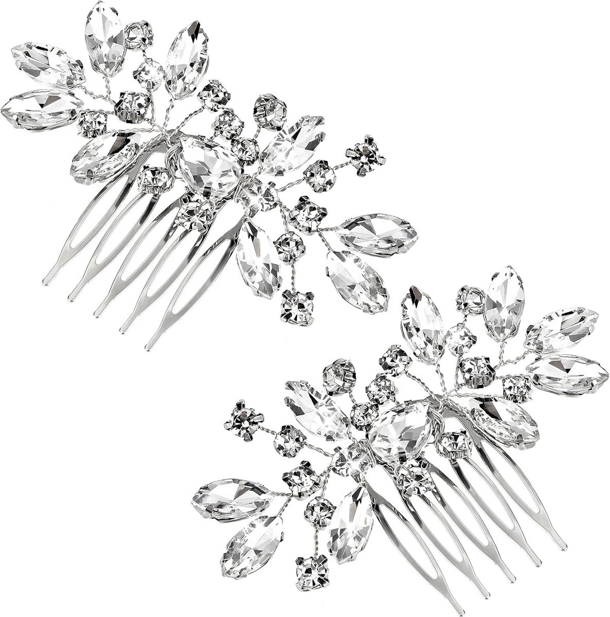 2x Bruidshaarclips met Strass en Kristallen - Zilveren Bruiloft Haaraccessoires
