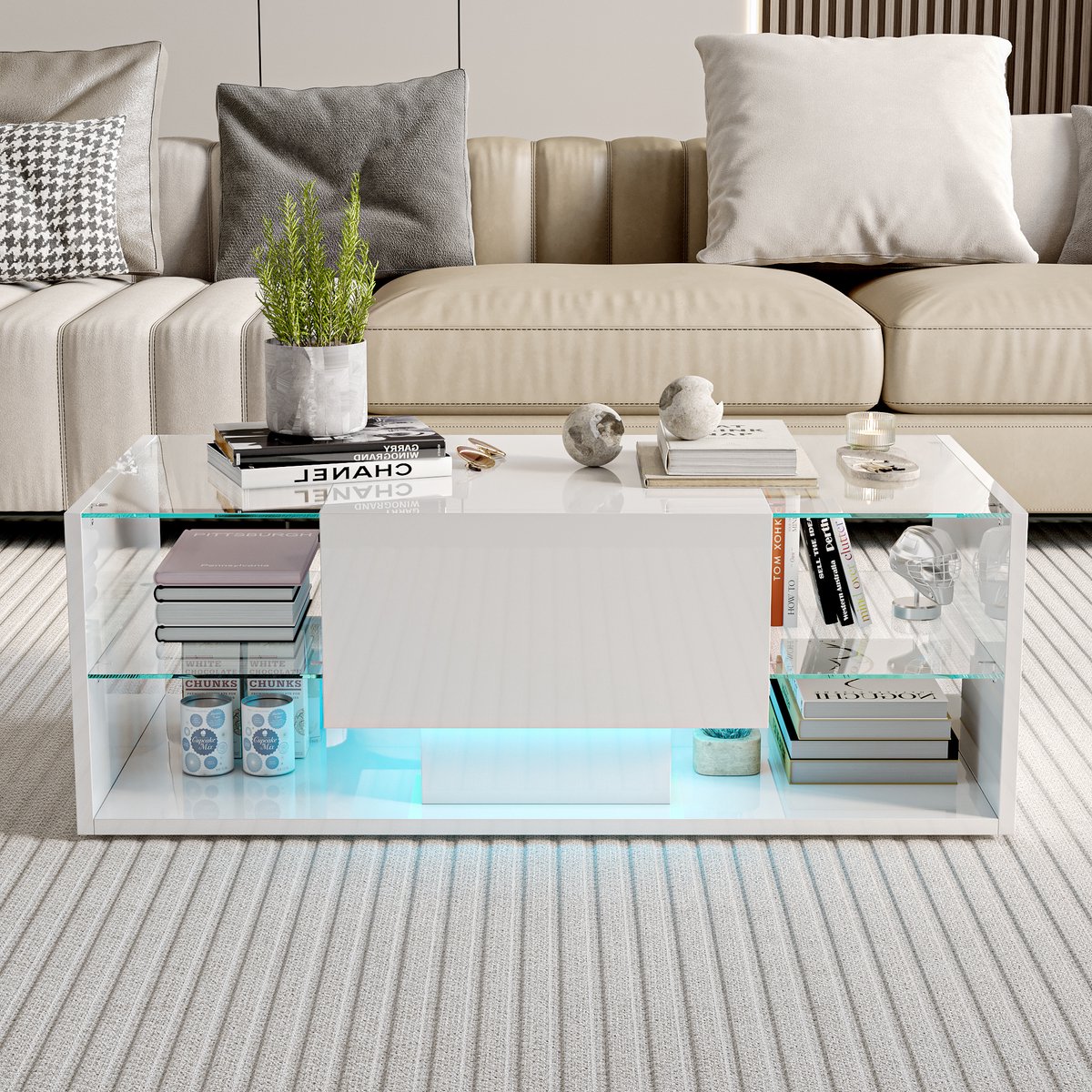 Salontafel met LED Verlichting – Moderne Hoogglans Koffietafel met Lade en Glazen Planken – Opbergruimte – Rechthoekig Design