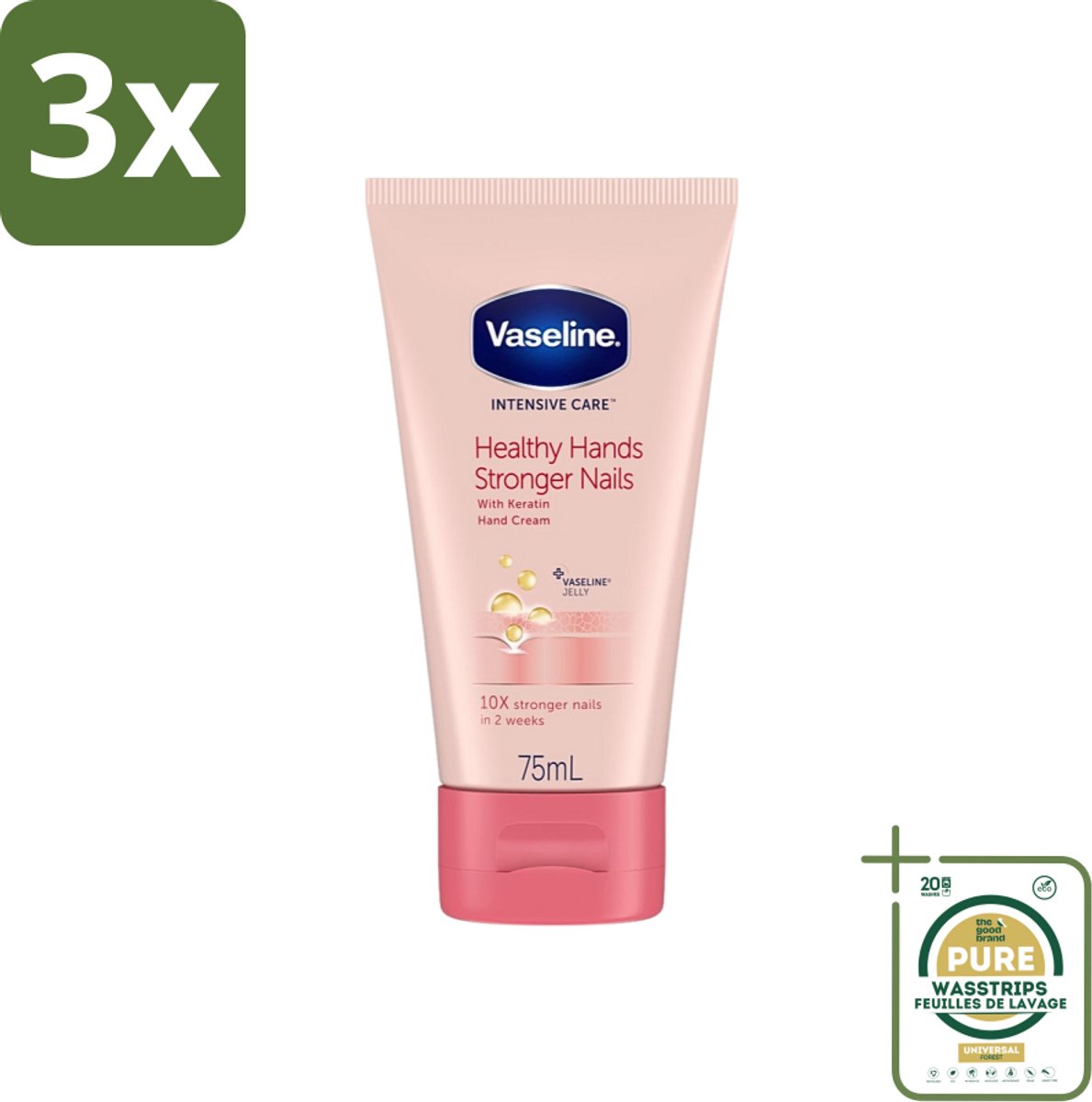 3 x Vaseline - Healthy Hands & Stronger Nails - Handcrème - Versterkend - 75 ml - Grootverpakking - Handcrème - Handen Verzorgen - Nagels Versterken - Keratine - Vaseline