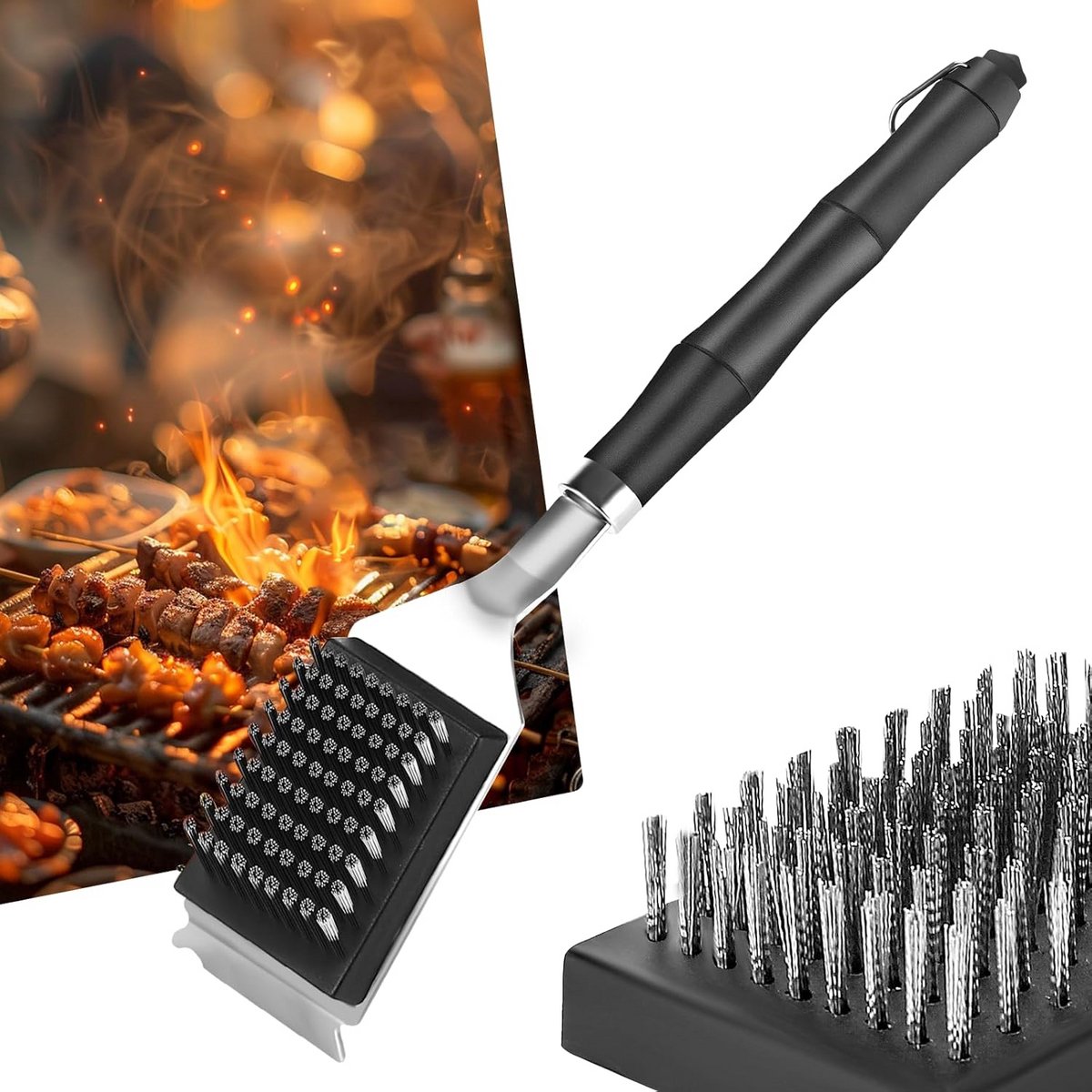 Grillborstel met RVS Schraper en 2 Reservekoppen voor Gietijzeren Rooster