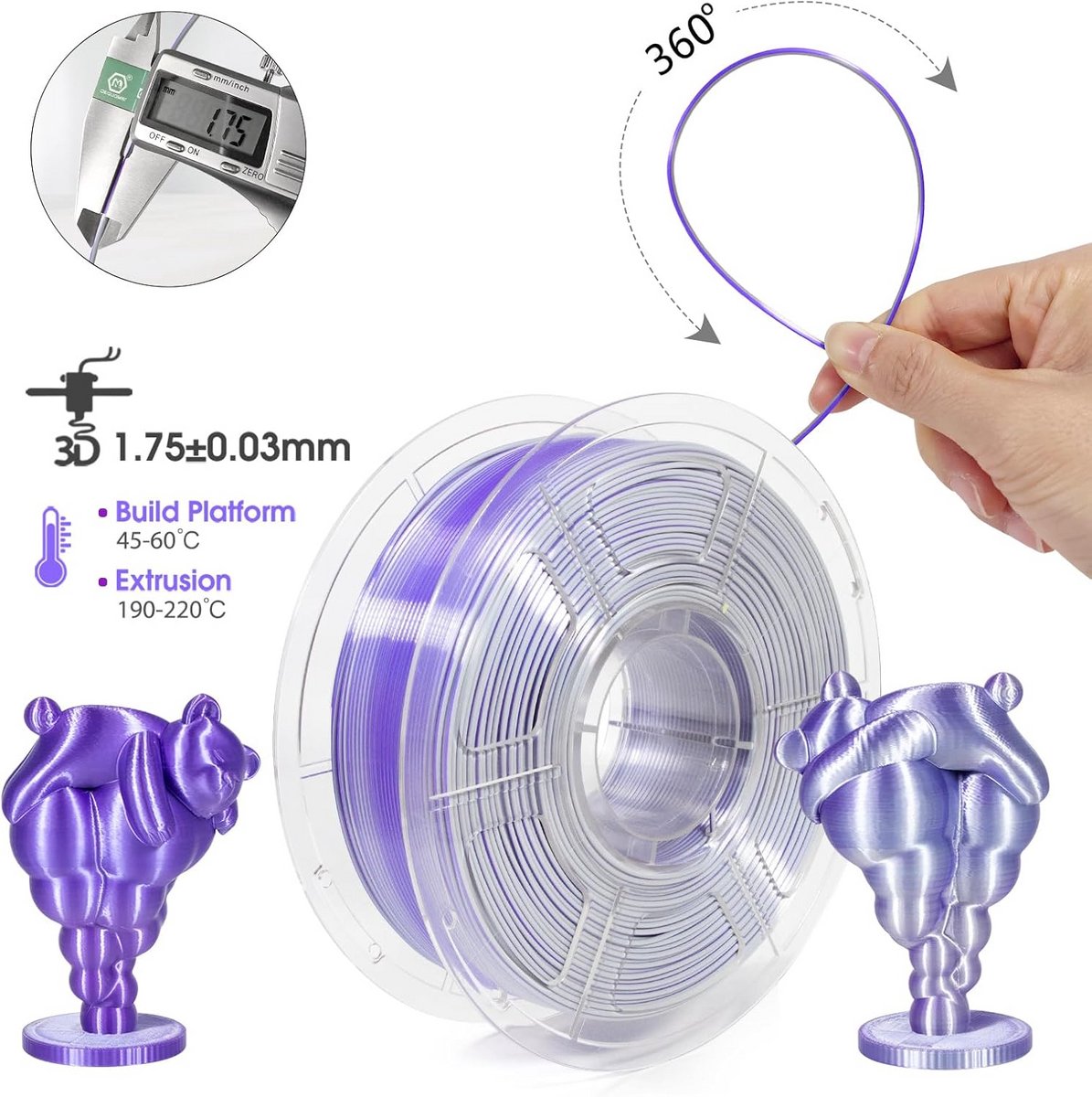 Zijde PLA Filament 1.75mm Dual Zilverpaars 3D Printer Spoel 1kg