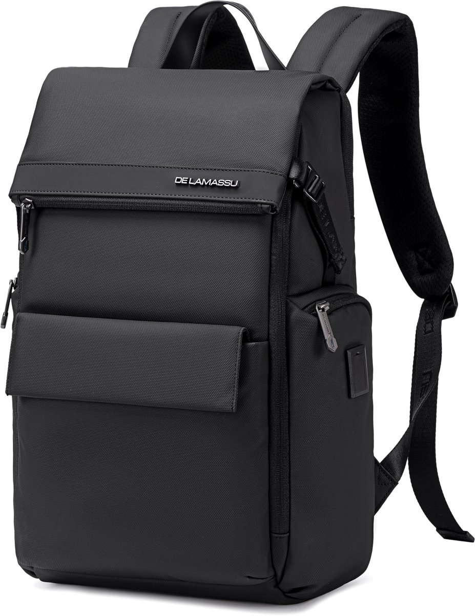 DE LAMASSU® „Felix“ Laptop Rucksack 16 Zoll – Wasserdicht & Leicht – USB Anschluss – Schwarz – Business Rucksack für Damen & Herren – Schule, Uni, Reisen, Arbeit