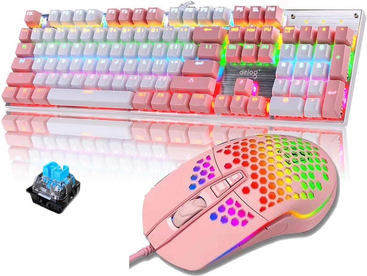 Mechanisch Gaming Toetsenbord en Muis Set met Blauwe Switches, Rainbow Backlit en Grote Muismat - Roze