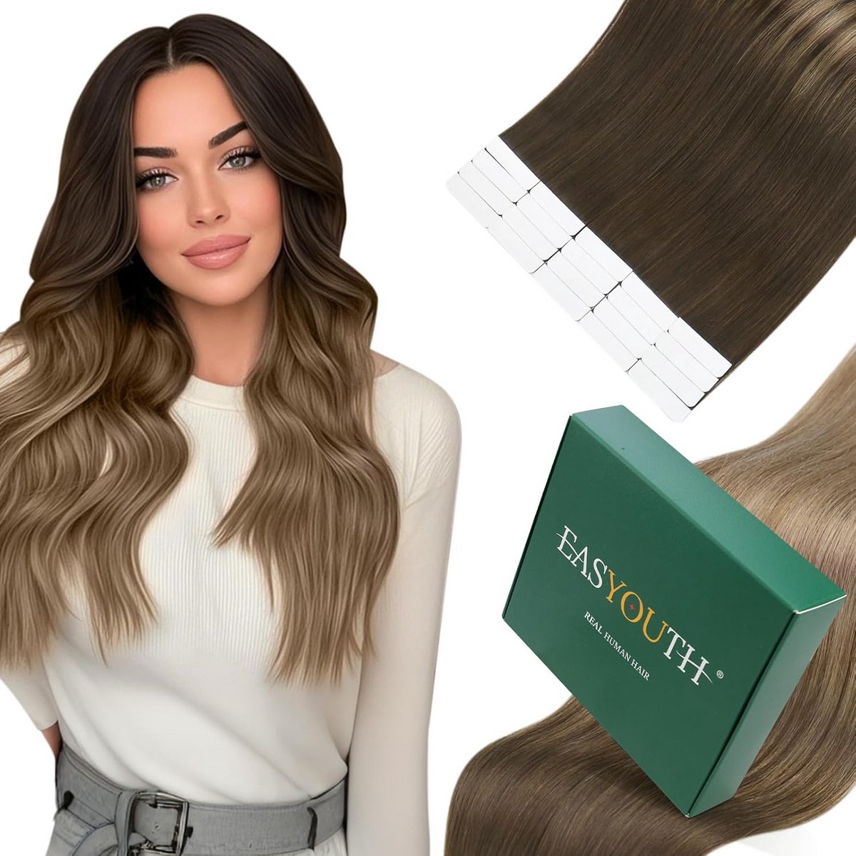 Remy Tape Haarverlenging 55cm 100g Donkerbruin met Asblond Mix voor Direct Volume