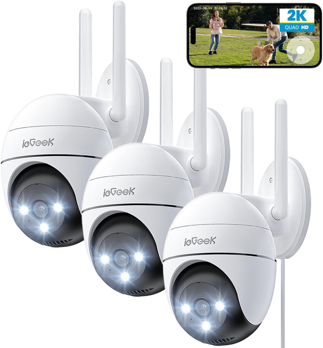 ZS-GQ2 Beveiligingscamera Buiten – 2K HD 3MP - Camerabewaking Met Nachtzicht – Bewakingscamera voor Buiten- Met WiFi en APP - Beveiligingscamerabuiten - 4x Digitale Zoom - Wit - 3 Stuks