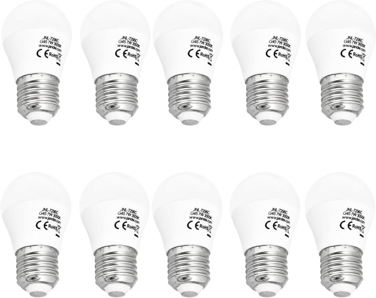 Set van 10 LED Lampen E27 Fitting - 7W Warm Wit Licht (3000K) - G45 Bolvormig