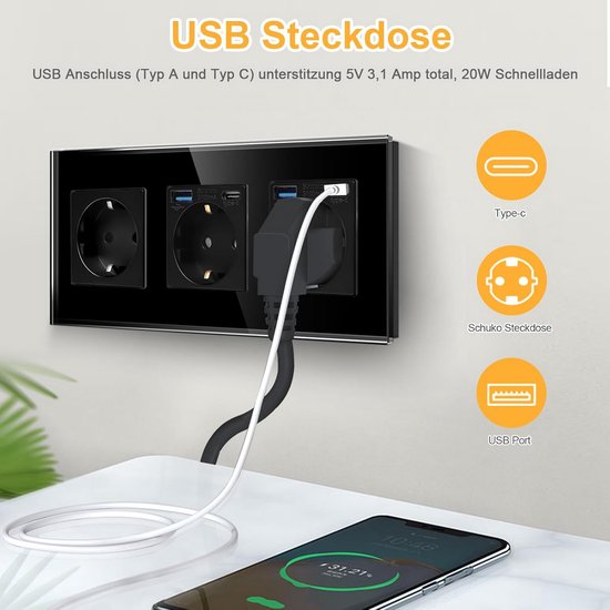 Sasudose Stopcontact met USB en C (Max. 3.4A) Schuko Wandcontactdoos Inbouw USB-Stopcontact voor Smartphone MP3
