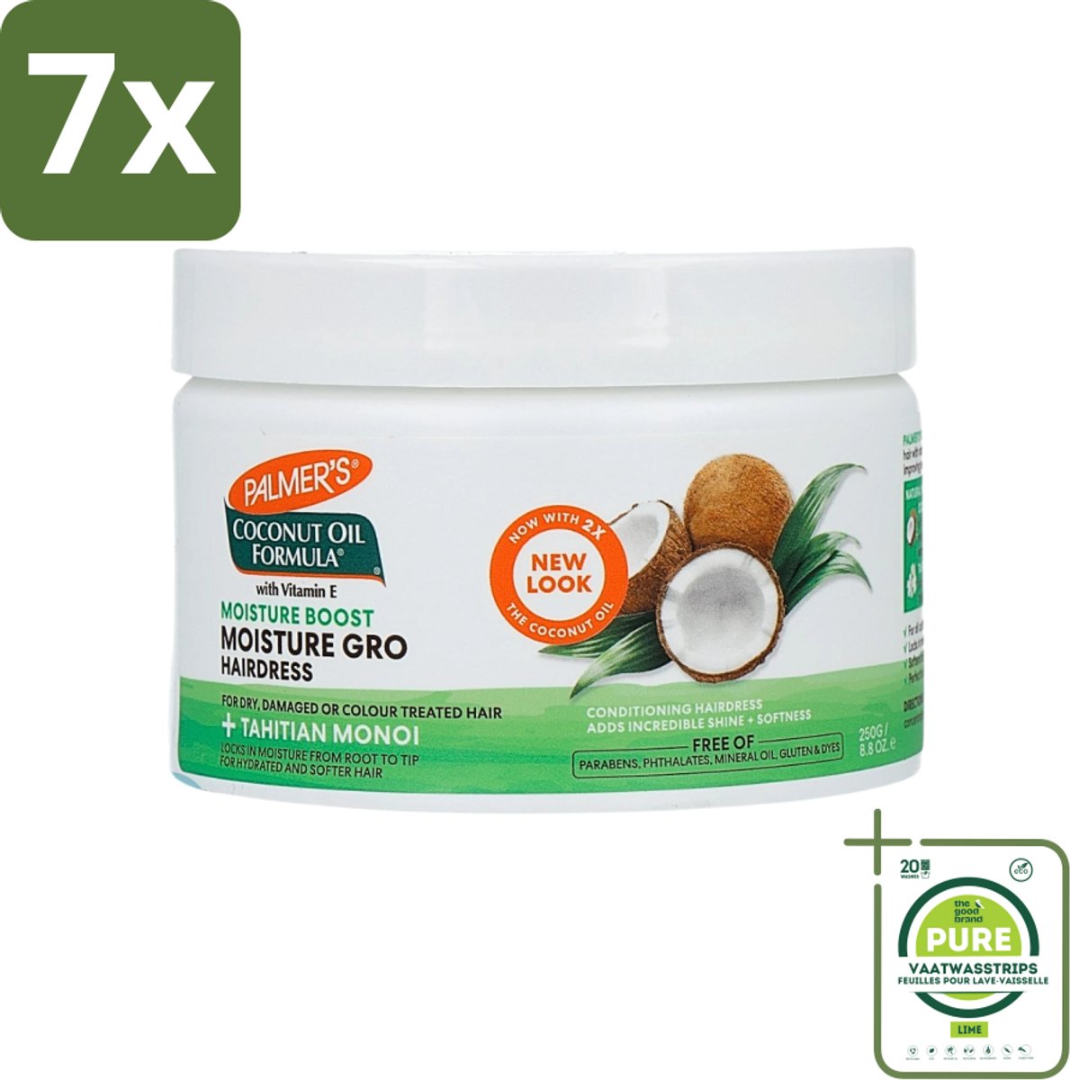 7 x Palmers - Cremespoeling - Coconut Oil - Condit Pot - 250 ml - Grootverpakking - Kokosnoot Conditioner - Haarkonditioner - Vocht Conditioner - Haarverzorging - Droog Haar