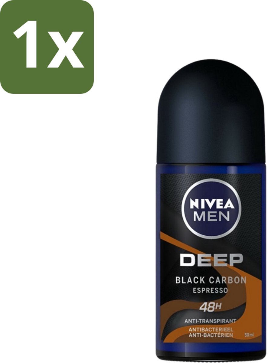 1 x Nivea - Men - Deodorant - Roller - Deep Black Carbon Espresso - 50 ml - Anti-transpirant - Deodorant Roller - Espresso Geur - 48 Uur Bescherming - Actieve Kool
