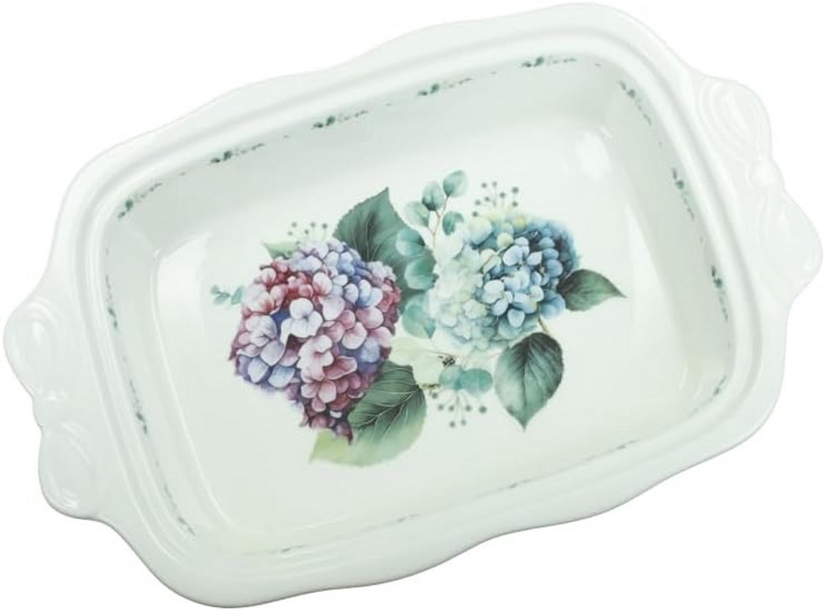 Keramische Ovenschaal Rechthoekig Groot - Groen en Roze Hortensia Patroon - 24,5 x 19,5 cm