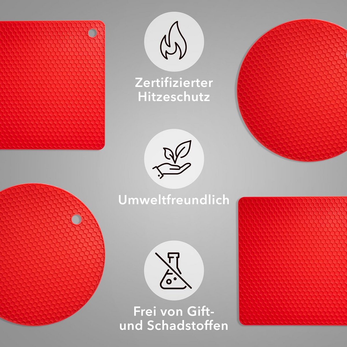 Set van 4 Hittebestendige Siliconen Onderzetters - Non-Slip - Rond & Vierkant - Rood