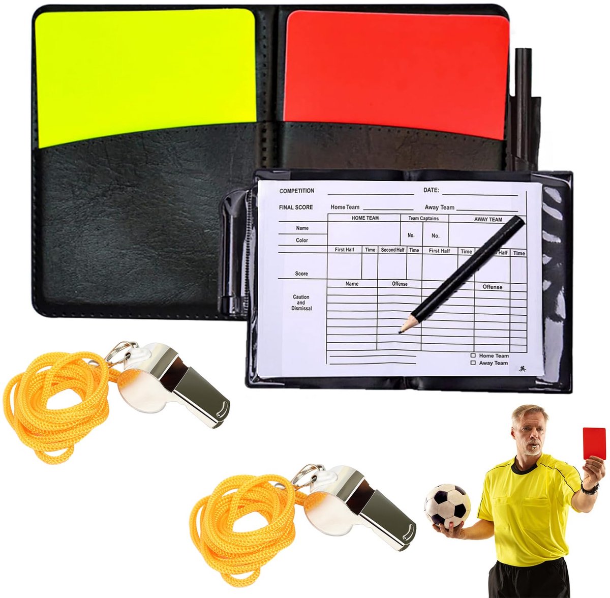 IMPERATORIS® Scheidsrechterskaarten Set - Rode en Gele Kaart - Notitiekaart en Potlood - Voor Voetbal en Sport - Kunststof - geel en rood - 2 roestvrijstalen fluitjes, zwarte kartonnen map met rapportformulieren