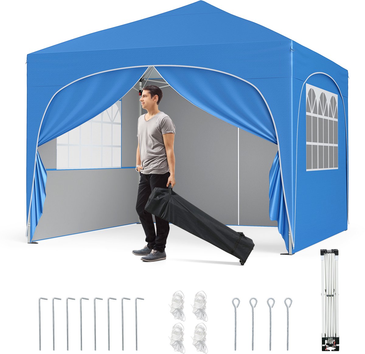 COSTWAY 3 x 3 m paviljoen met 4 afneembare zijwanden, tuintent incl. roltas, 8 haringen, 4 ankers, 4 scheerlijnen, 4 zandzakken, tuinpaviljoen, feesttent voor strand, tuin, park (blauw)