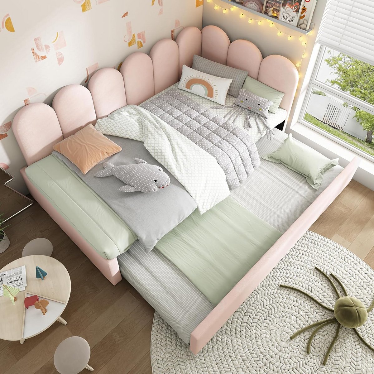 Uitschuifbaar Slaapbank en Daybed 90x200 cm, Zetelbed met Uittrekbaar Onderbed 90x190 cm, Gestoffeerd in Roze Fluweel