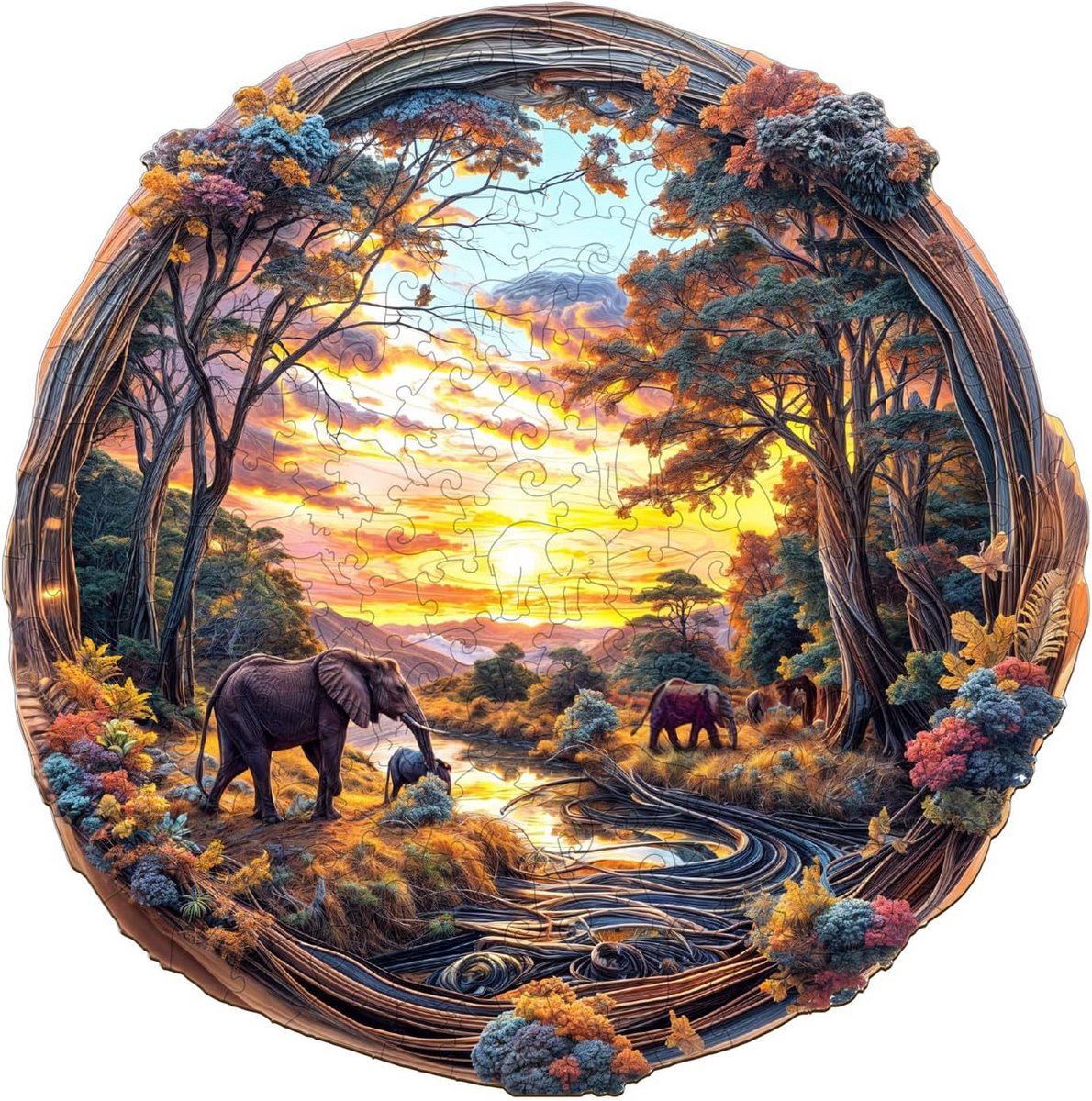 Unieke Houten Puzzel met Onregelmatige Vormen - Prachtig Zonsondergangscadeau