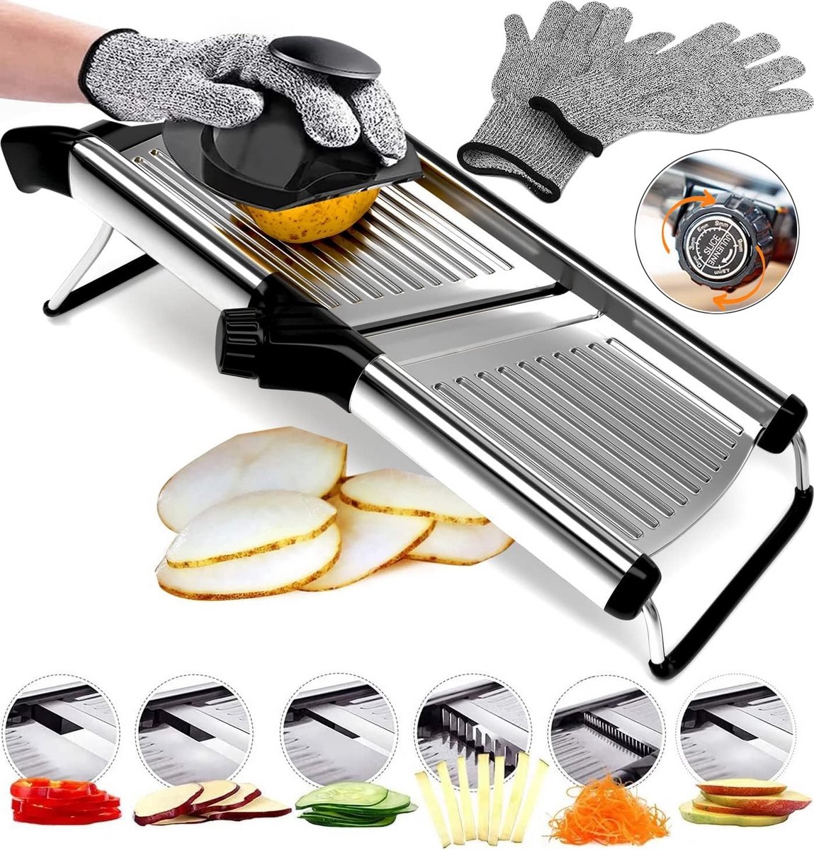 In RVS Mandoline Slicer met 6 Instelbare Modi voor Groenten, Vlees en Kaas