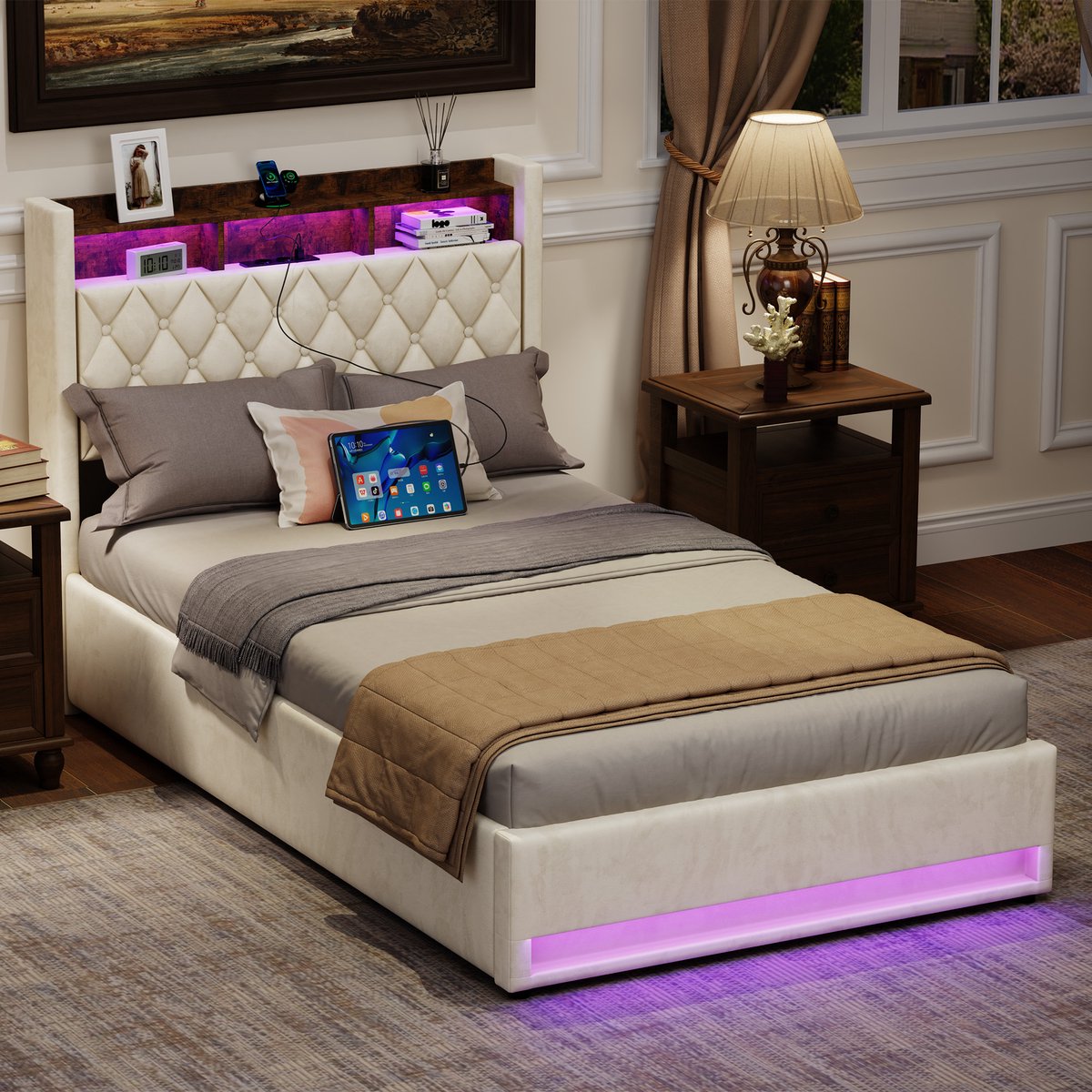 OKWISH Tweepersoonsbed 140×200 cm - Bed Met Opbergruimte - LED Verlichting En USB - Fluwelen Bedframe - Beige