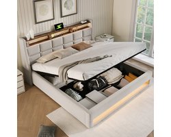 Strovea linnen gestoffeerd bed-Opbergruimte-180x200-Beige-Gestoft bed met USB-LED (Zonder matras)