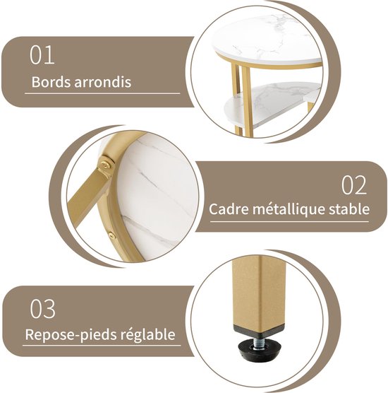 Close-ups van een marmerlook tafelblad met gouden frame, met focus op ronde randen en stabiel metaal.
