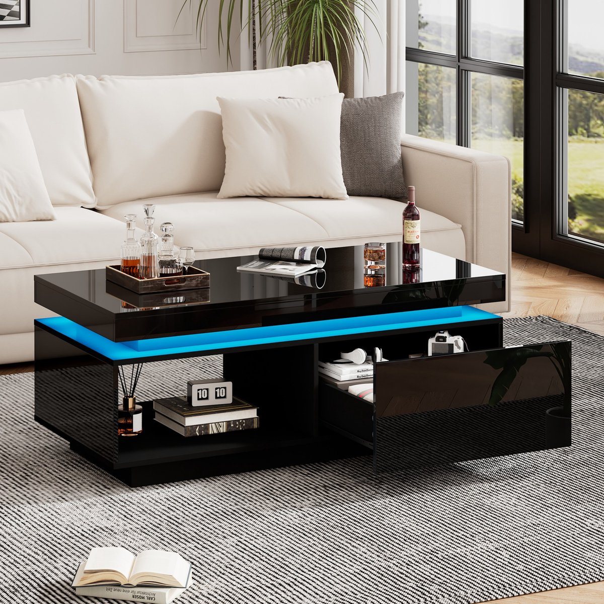 Sweiko Salontafel - Hoogglans - LED-verlichting - Met lade - 100x50x40.3 cm - Zwart