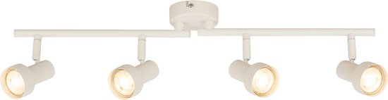 Un rail d'éclairage blanc avec quatre spots, sur un fond blanc.