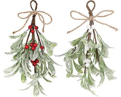 2 stuks - kerst maretak decoratie - kunstmatige maretak decoraties - maretak takken - met rode en witte bessen, strik - Wanddecoratie - Hangende kerstboomdeurdecoratie - Kerstboomversiering - Verandaversiering - Feestversiering voor thuis - 23 cm