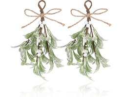 2 stuks - kerst maretak decoratie - kunstmatige maretak decoraties - maretak takken - met witte bessen, strik - Wanddecoratie - Hangende kerstboomdeurdecoratie - Kerstboomversiering - Verandaversiering - Feestversiering voor thuis - 23 cm