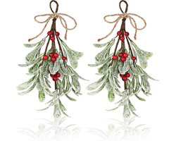 2 stuks - kerst maretak decoratie - kunstmatige maretak decoraties - maretak takken - met rode bessen, strik - Wanddecoratie - Hangende kerstboomdeurdecoratie - Kerstboomversiering - Verandaversiering - Feestversiering voor thuis - 23 cm