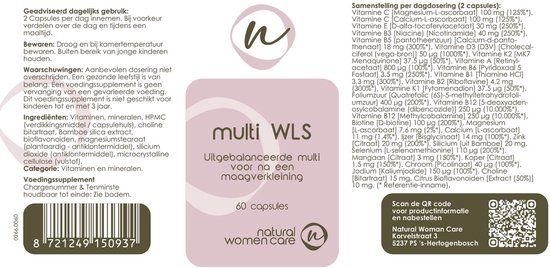 Verpakking van 'multi WLS' multivitamine capsules met ingrediëntenlijst, gebruiksaanwijzing en voedingswaarde. Inhoud: 60 capsules.