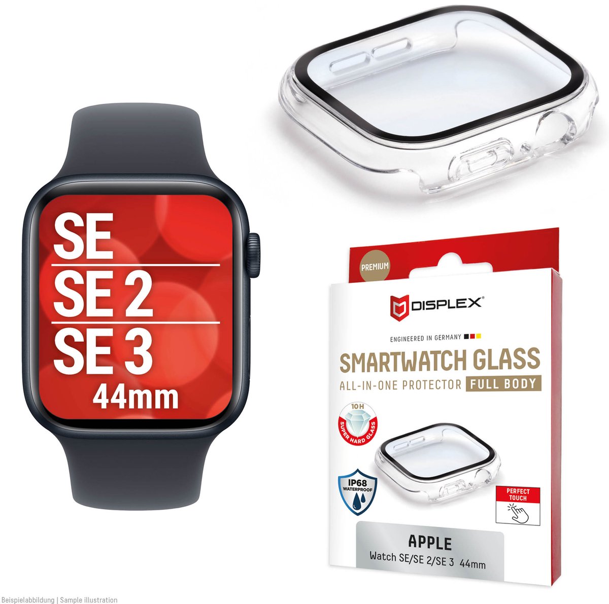 Displex 10H Panzerglas für Apple Watch SE/SE2 (44mm), Full Body Schutz, IP68, Snap-On, transparent, Schermbeschermer, Smartwatch, Transparant, Apple, Apple Watch SE/SE2 (44mm), Polycarbonaat (PC), Gehard glas