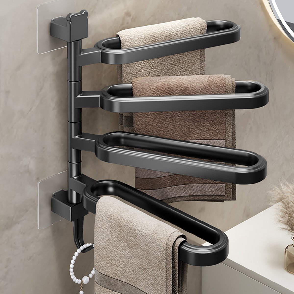 CHIWIN Handdoekrek Draaibaar - 4 Arm Muurbevestiging - 36 cm - Badkamer Opbergrek - Ruimtebesparend Draaibaar Design voor Keuken en WC - Zwart