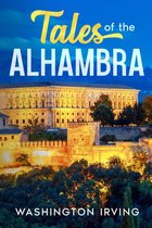 De cover van het boek 'Tales of the Alhambra' door Washington Irving, met een avondopname van het paleiscomplex van de Alhambra, verlicht met warme tinten.