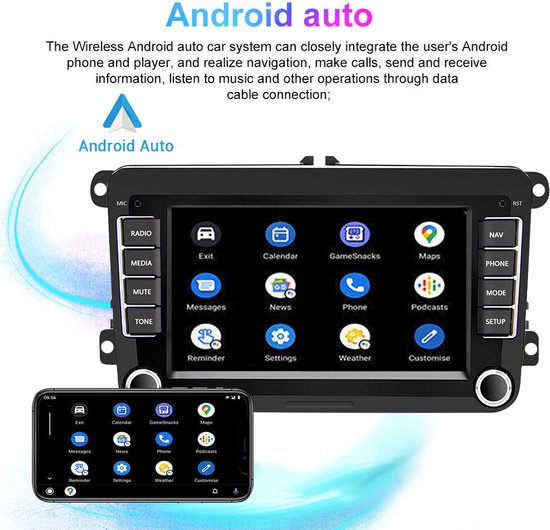 7-inch Android 13-autoradio 2+32 GB – met GPS-navigatie, draadloze CarPlay, Bluetooth en achteruitrijcamera – geschikt voor Volkswagen