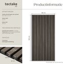 Productinformatie met afmetingen en details van donkergrijze lamellenpanelen.