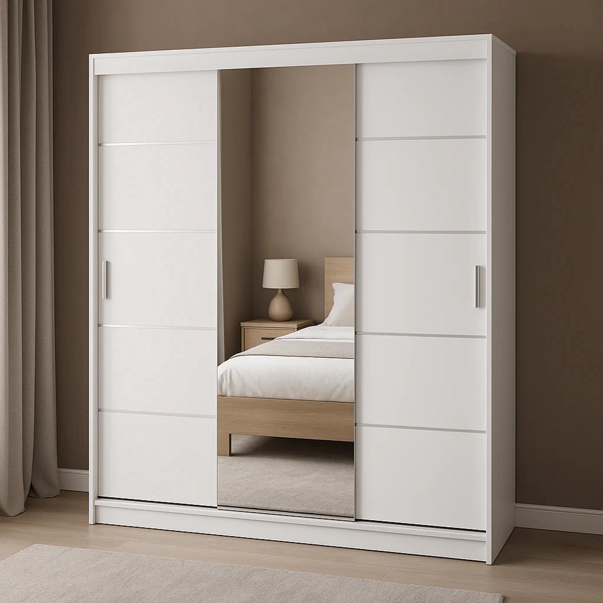Furniture Kledingkast met Spiegel – 180 cm – 3 Schuifdeuren – Grote Kast met 8 Legplanken en 2 Hangroedes – Wit