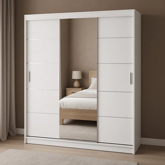 Furniture Kledingkast met Spiegel – 180 cm – 3 Schuifdeuren – Grote Kast met 8 Legplanken en 2 Hangroedes – Wit