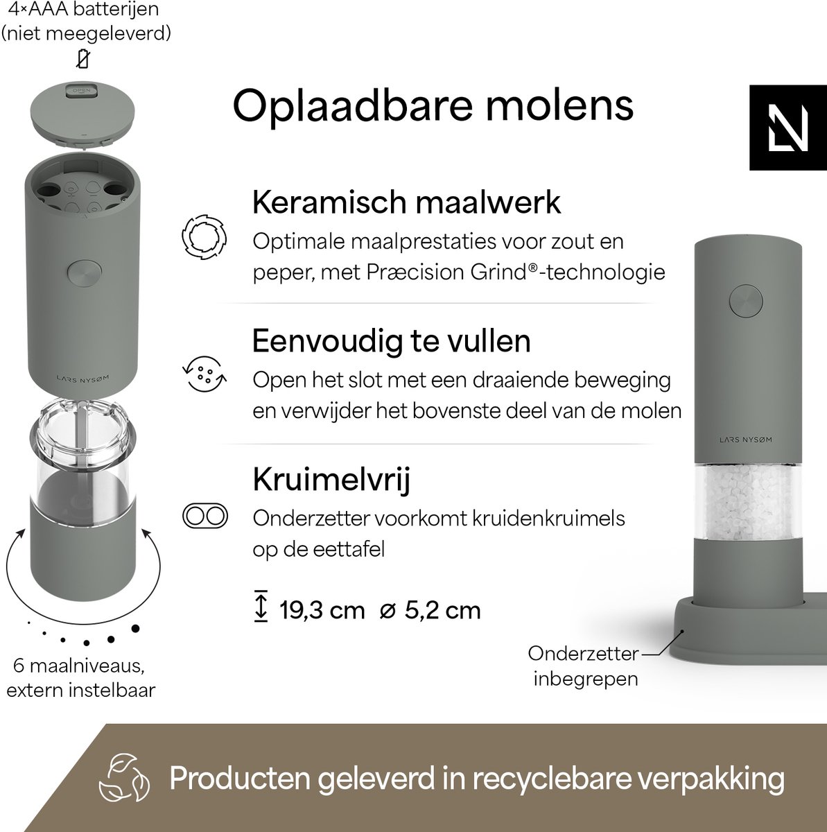 LARS NYSØM Elektrische Zout- en Pepermolenset | Automatische Zout- en Pepermolens met Verstelbare Keramische Maalschijf | Elektrische Kruidenmolen op Batterijen (Ash Gray) — cadeau in Kookcadeaus - foto 3