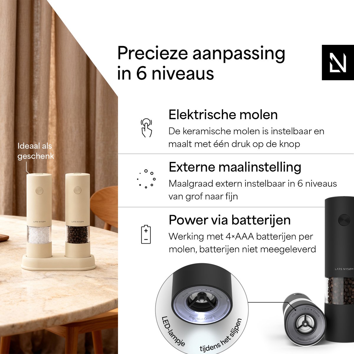 LARS NYSØM Elektrische Zout- en Pepermolenset | Automatische Zout- en Pepermolens met Verstelbare Keramische Maalschijf | Elektrische Kruidenmolen op Batterijen (Carbon Black) — cadeau in Kookcadeaus - foto 3