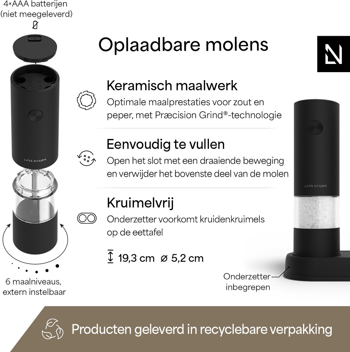 LARS NYSØM Elektrische Zout- en Pepermolenset | Automatische Zout- en Pepermolens met Verstelbare Keramische Maalschijf | Elektrische Kruidenmolen op Batterijen (Carbon Black) — cadeau in Kookcadeaus - foto 2