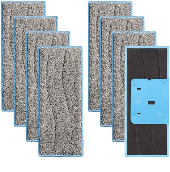 Zes grijze microvezel dweilen met blauwe randen, naast één grijze microvezel dweil met blauw plastic bevestigingsdeel.