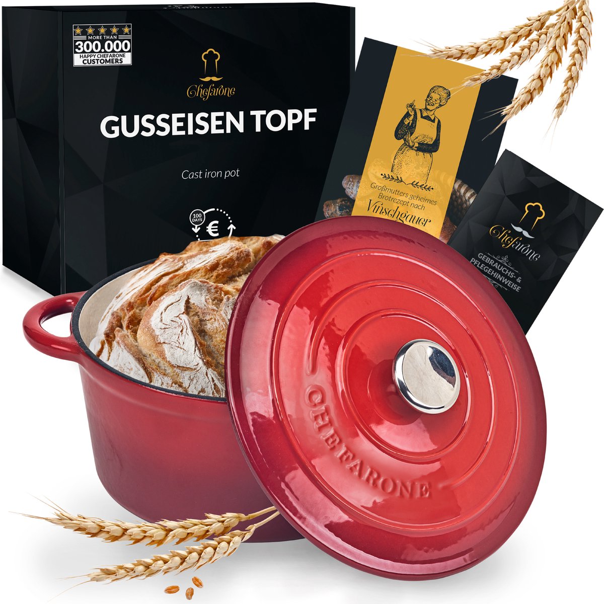 Chefarone Gietijzeren Pan - Braadpan Inclusief Deksel - Geschikt Voor Alle Warmtebronnen - Geëmailleerd Rood - Valentijn Cadeautje voor Haar