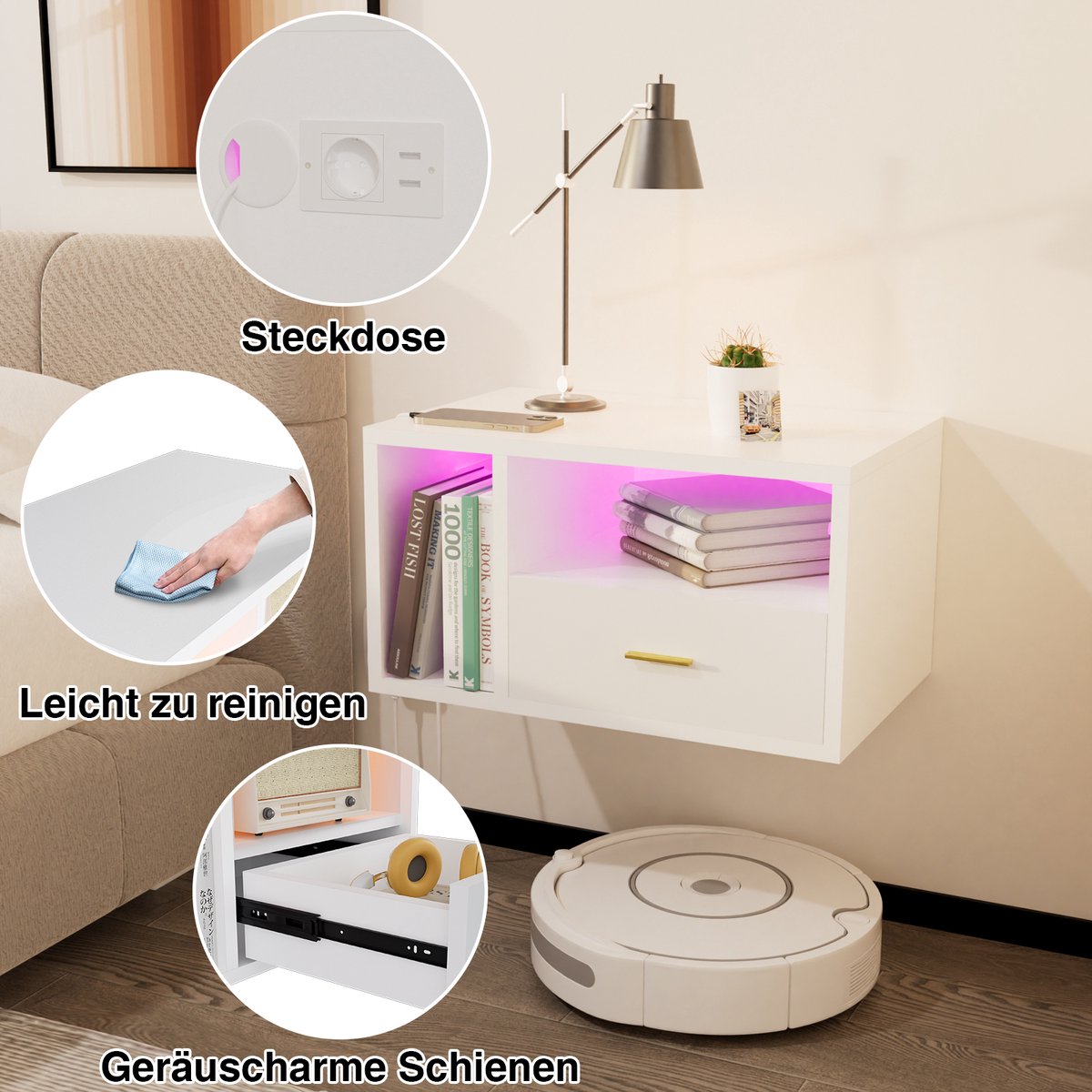 Nachtkastje met verlichting - Zwevend nachtkastje voor wandmontage met oplaadstation (1 stopcontact + 2 USB-poorten) - Ruimtebesparende houten kast - 1 lade - Europees stopcontact - Wit - Geschikt voor de slaapkamer
