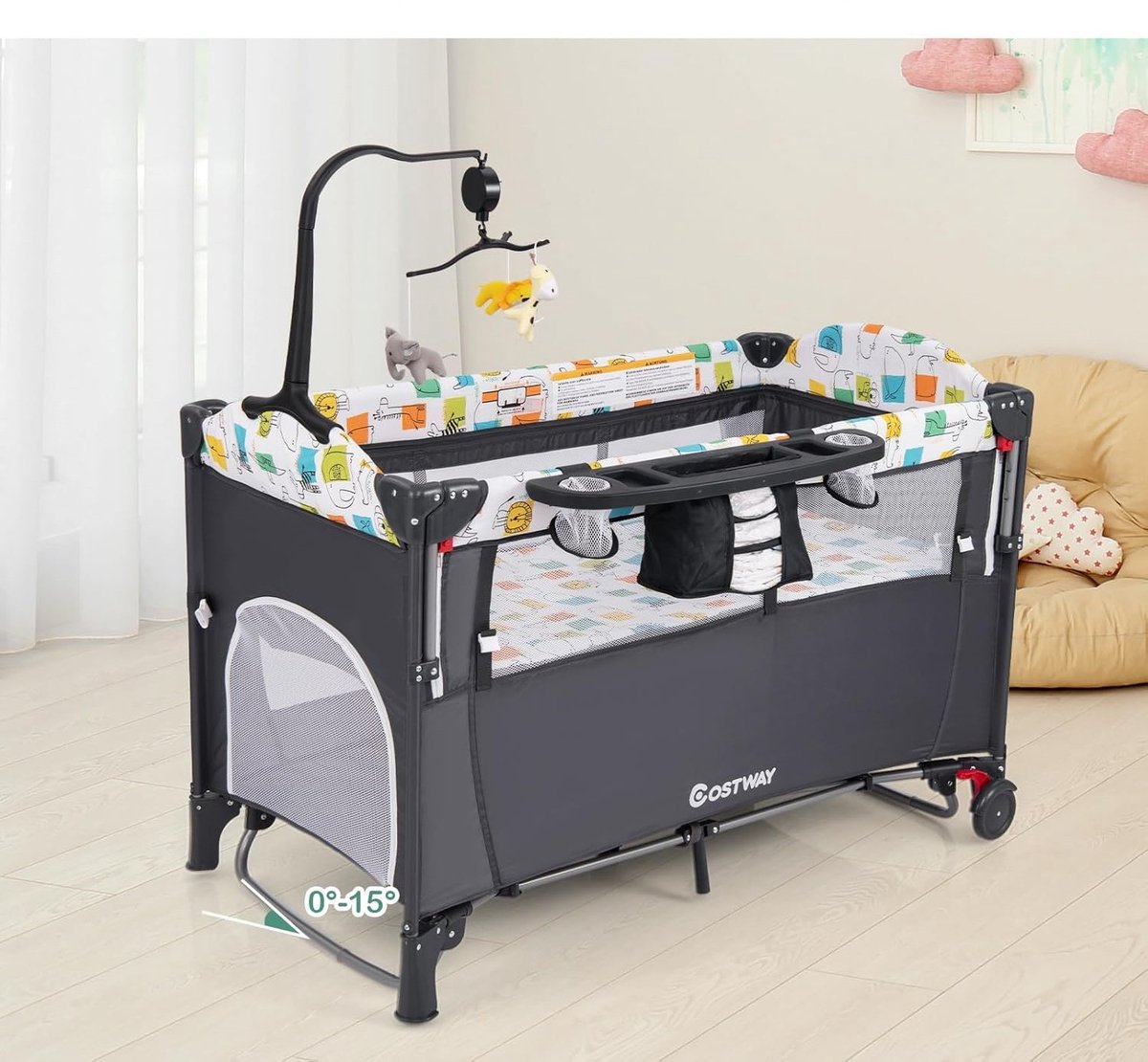 Image of 5-in-1 Multifunctioneel Babybedje 120x60 cm – Reisbedje, Zijbed, Bassinet & Speelbed met Matras, Verschoningsmat, Muziekdoos en Draagtas – 4 Hoogtes Verstelbaar, Opvouwbaar & Veilig voor Baby’s tot 15 kg – Grijs