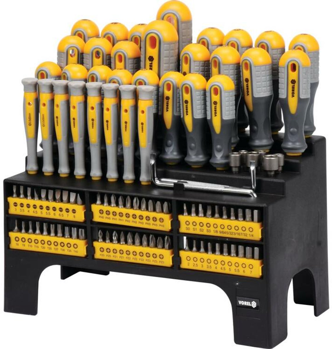 VOREL Professionele Schroevendraaierset met Ratel – 100-Delig – CrV Staal – Inclusief Precisieschroevendraaiers, Bits & Doppen (60750)